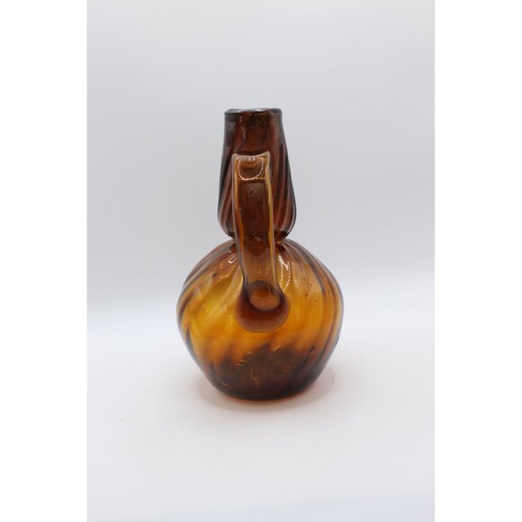 Hand Blown Amber Art Glass Pitcher | Ribbed Optic Body, Applied Handle | Mid-Cen - Picture 3 of 4